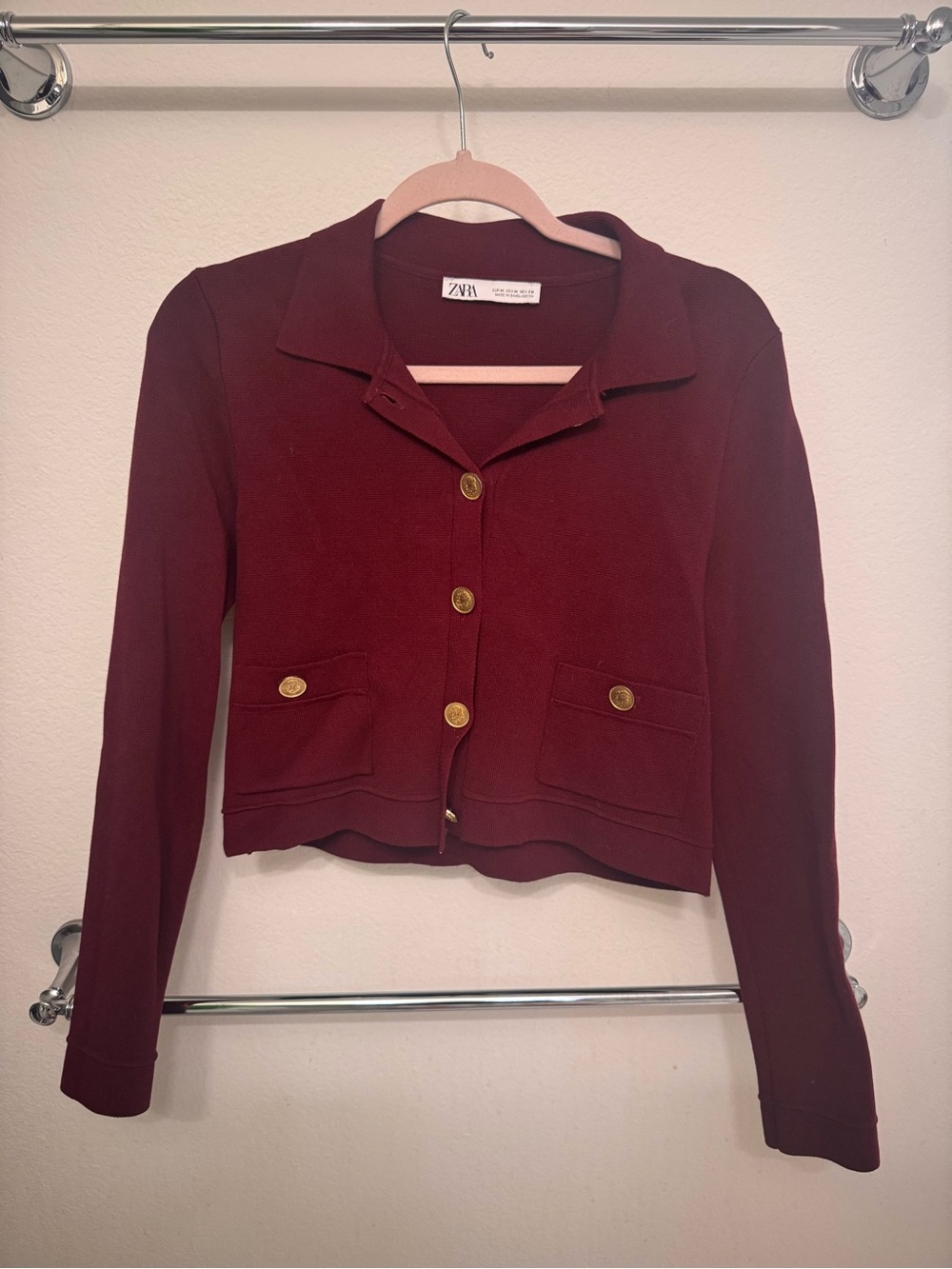 Zara Burgundy Cropped Button-Front Blazer